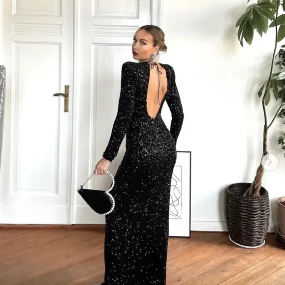 Zara  SEQUIN MAXI DRESS GOWN BLACK SIZE XS - Picture 8 of 16